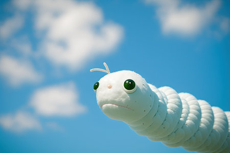Picture of a happy white worm against a blue skyの素材