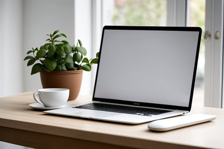Blank laptop on wooden table with blurred office room backgroundの素材