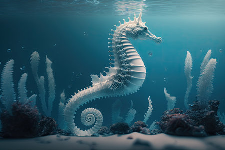 On the ocean floor a seahorse is neatly lined upの素材