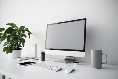 Desktop PC on white table in minimalist workstationの素材