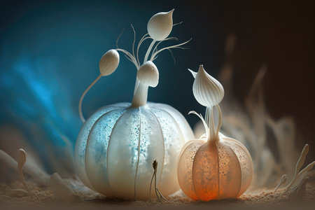 Translucent white pumpkin and winter squash seedlings against a hazy brown earthy backgroundの素材