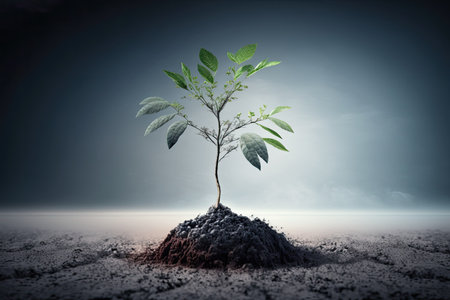 Seedling of a tree planted in dirt growing in the backgroundの素材