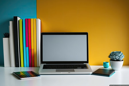 Sleek laptop attractive desk and bright office wallの素材