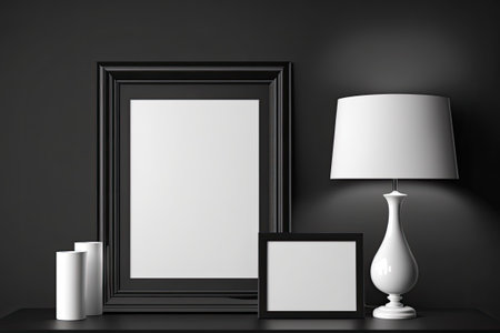 Empty frame above lamp table on black wall. Spotlighted night interior. Photographic templateの素材