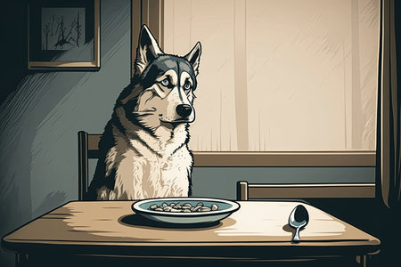 Dog husky wolf waiting for her raw barf diet meal to arriveの素材