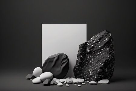 Mockup in the form of a black stone and rock background perfect for use as a stage backdropの素材