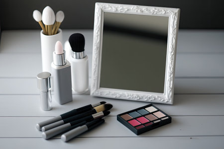 A table has lipstick a mirror and makeupの素材