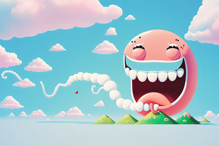 Picture of a happy pink worm grinning against a blue sky and a roiling landscapeの素材