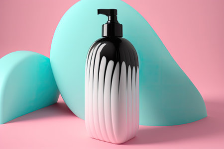 PLASTIC SHAMPOO BOTTLE IN WHITE AND BLACK WITH A PINK AND BLUE DESIGN AS THE BACKDROPの素材