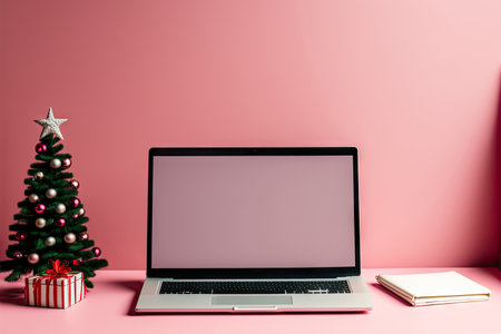 Workplace with laptop and Christmas gift near pink wallの素材