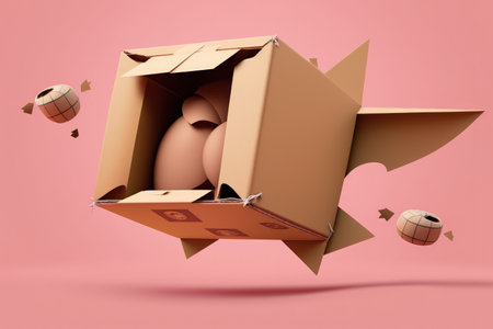 cardboard box in the shape of a flying brown carton over a pink backgroundの素材