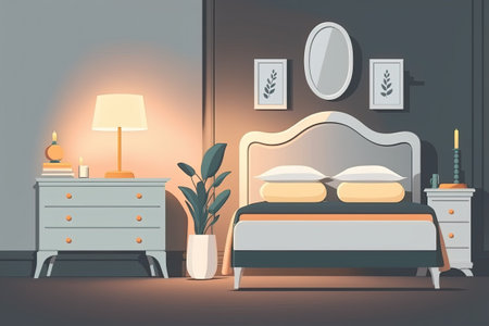 Cartoon illustration of bedroom furniture bed drawers wall lamp plant and mirrorの素材