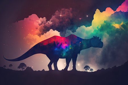 The background is a rainbow sky with a giant dinosaurの素材