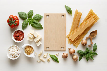 Top down shot of Italian pasta ingredients on a white wooden table with blank copy spaceの素材