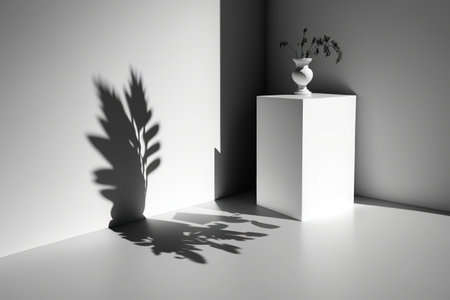 white empty wall with leafy shadows. Unfilled pedestal space for a background or product displayの素材