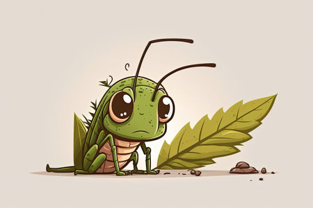 the grasshopper cartoon character dozing off on a leafの素材