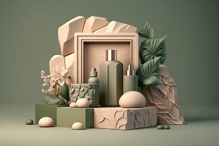 a natural beige background for cosmetic items. a green podium made of stone. in frontの素材
