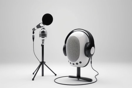 White background with a stand a black microphone and silver headphones in the foregroundの素材
