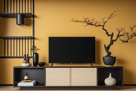 Modern zen living room cabinet with hidden light on yellow wall designの素材