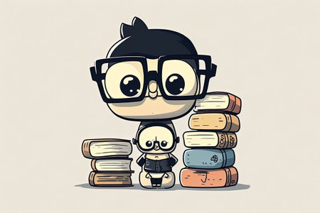Cartoon bookworm wearing glasses perched on a stack of books. Simplistic representation in clip artの素材