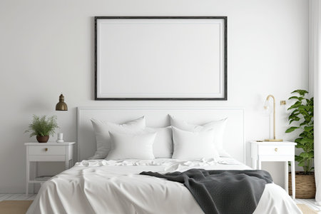 White bed with blank horizontal poster. Isolated poster frame clipping routeの素材