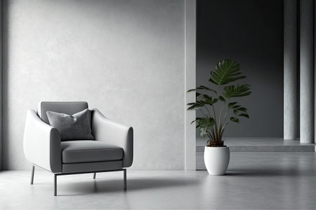 A gray armchair sits alone against a blank cement wall in a contemporary minimalist roomの素材