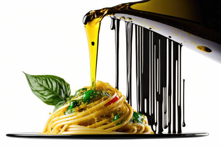 An up close shot of some freshly made pesto and a bottle of olive oil being poured over spaghettiの素材