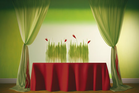 Curtains and plants fade in the backdrop against a table that is emptyの素材