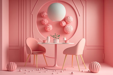 Pink studio dining table interior design. Colorless illustrationの素材