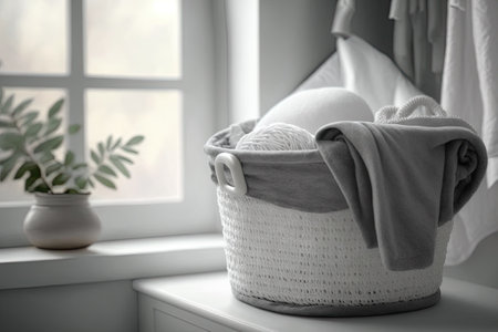 Gray laundry basket with white towels and tulle window. Laundry or detergents. Copiesの素材