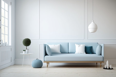 Empty living room with white wall and light blue sofa Minimal Rusticの素材