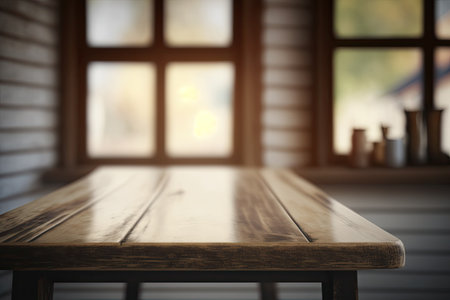 Empty wood tabletop with blurred room inside and window curtain backgroundの素材