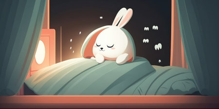 Funny rabbit snoozes in bed with a white blanket. Spring surpriseの素材