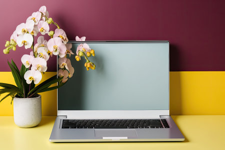 On a table near the rooms color wall is a modern laptop and an orchid flowerの素材