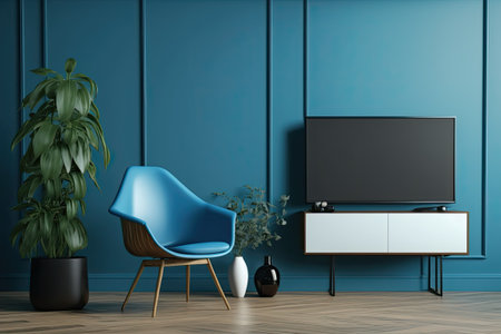 A blue-walled living room with a chair and TVの素材