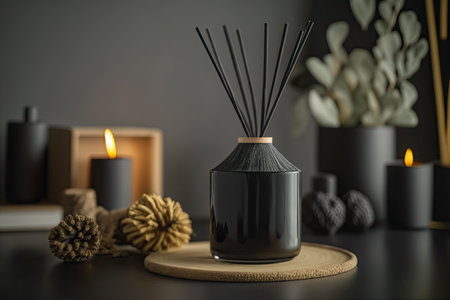 Aromatherapy mockup black scented candles with aroma reed diffuser on wooden shelfの素材