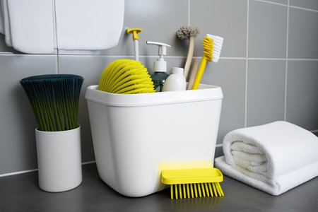 Modern bathroom with toilet bowl cleaning basketの素材