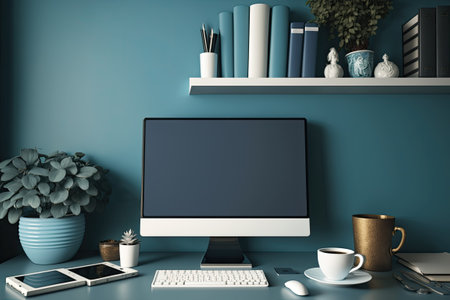Home office desk with computer bookshelves and blue wall mug. Arts studioの素材