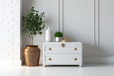 Living room with wooden chest on white brick wallの素材