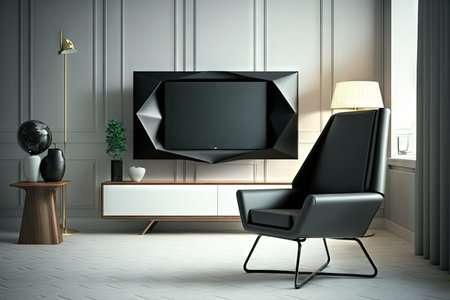 Modern TV on cabinet armchair and lamps indoors. Interior designの素材