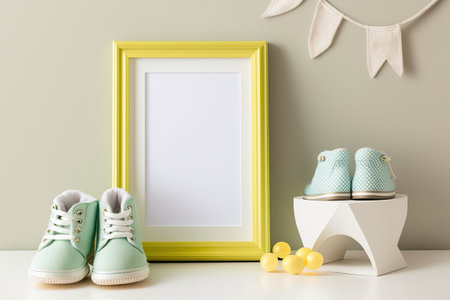 Photo frame and booties on baby nursery table. Text roomの素材