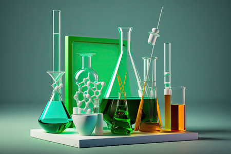 Glassware used in chemistry laboratories displayed on a green backgroundの素材
