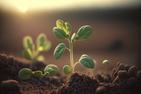 Mild little soybean plant sprout in a farm field. The plant stretches toward the rising sunの素材