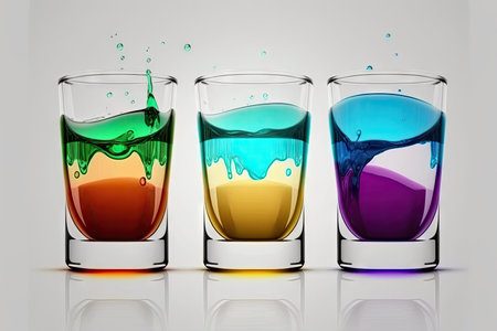 Set of lab glasses with contrasting colored liquids on a white background. Banner formatの素材