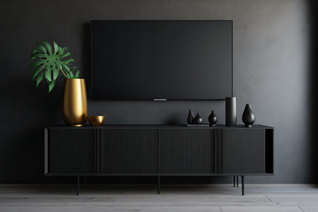 Mockup of a contemporary black bureau tv console in a desolate room with a vaseの素材