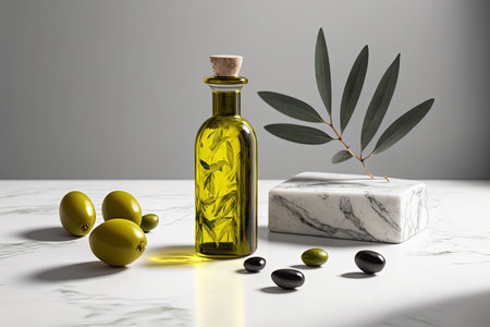 Olive oil bottle and olives styled for food photography on a marble tableの素材