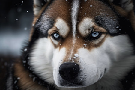 Photo taken up close of a husky dog. A lonely Siberian husky lays in the snow depressedの素材