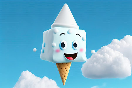 Smiling cube cartoon character wearing a cone hat and floating in the cloudsの素材