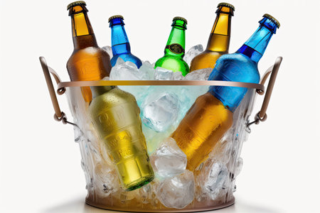 Photograph of beer bottles in an ice bucket against a white backgroundの素材