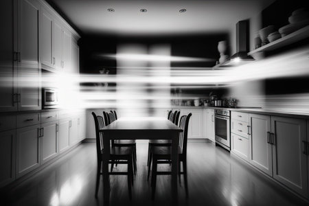 Image of a blurred kitchen that might be used as a backdropの素材